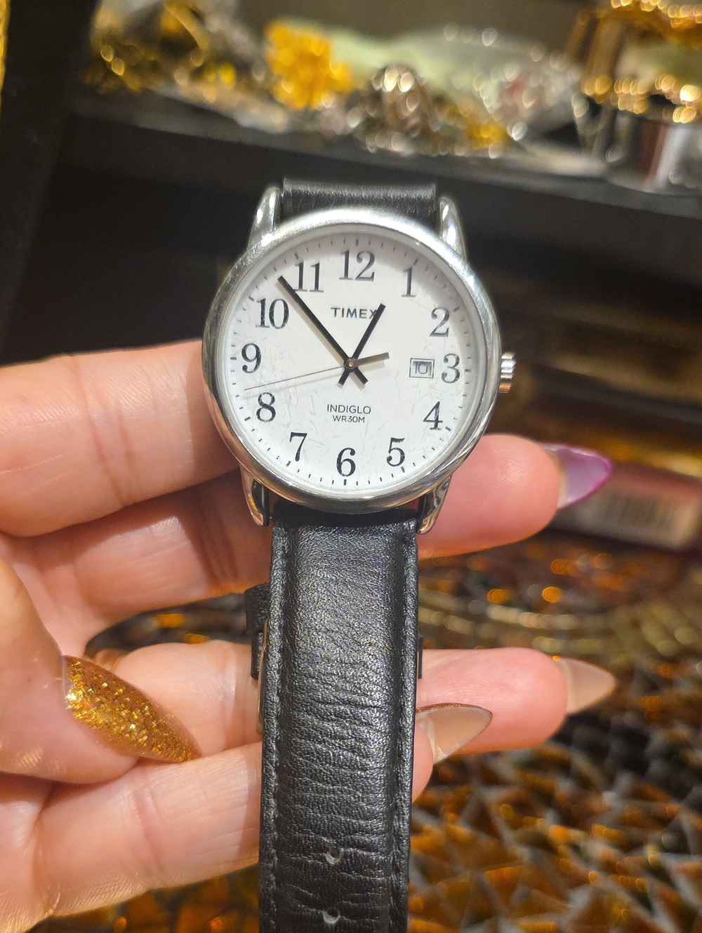 Timex White Dial Silver Case Black Leather Strap Watch